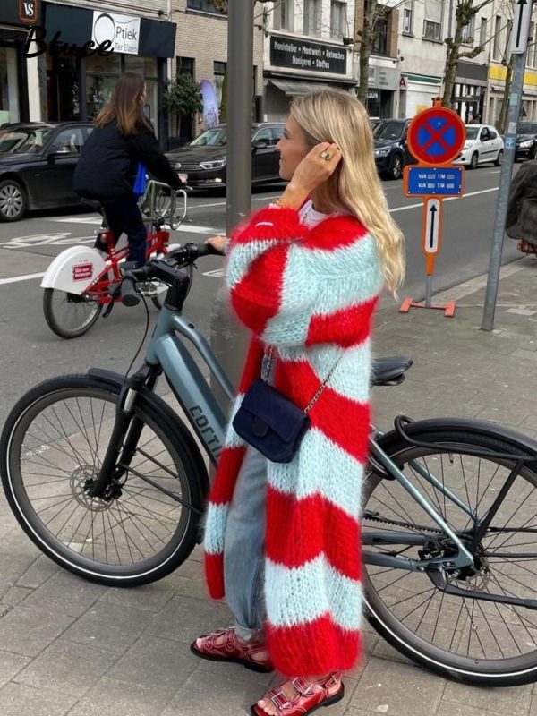 Stripe Long Fuzzy Cardigan