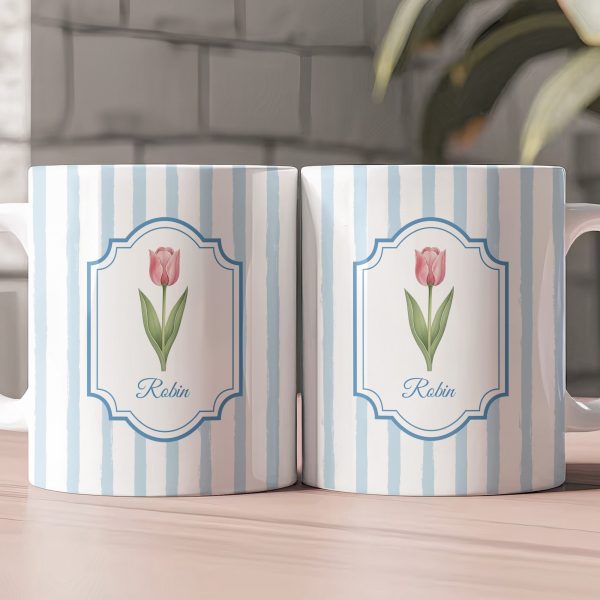 Stripes Mug Birth Month Flower Mug Gift For Her - Personalized Mug
