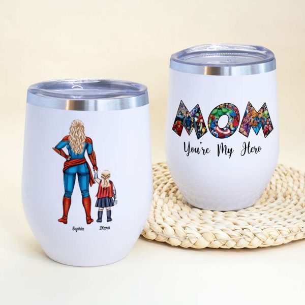 Super Mom, You're My Hero Personalized Wine Tumbler Mother's Day Gift For Mom