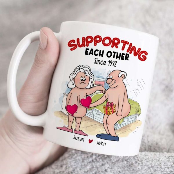 Supporting Each Other, Old Funny Couple Valentine White Mug