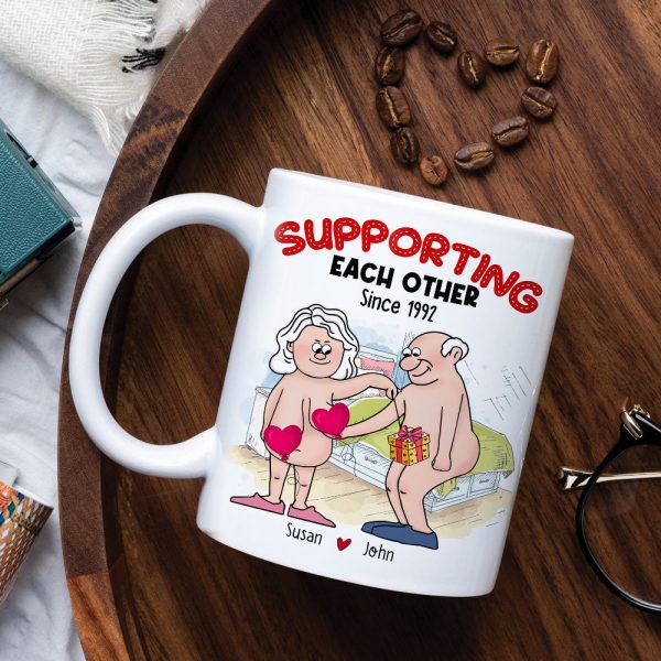 Supporting Each Other, Old Funny Couple Valentine White Mug