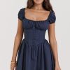 Sweet Scoop Neck Cap Sleeve Fit & Flare Corset Party Mini Dress - Navy Blue