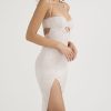 Sweetheart Halter Cutout Lace Satin Split Cocktail Midi Dress - White