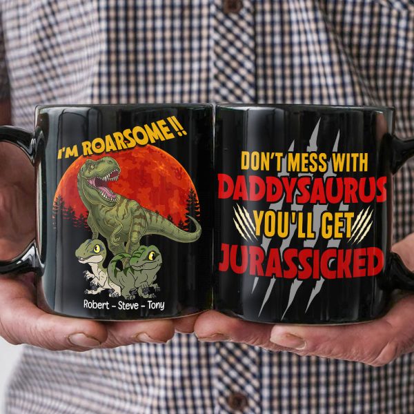 T-Rex Roarsome Dad Personalized Coffee Mug, Black Mug BLM-04dnpo070623