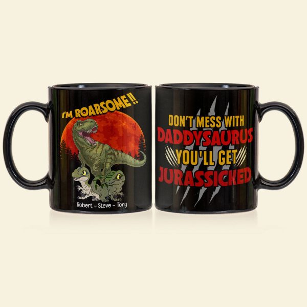 T-Rex Roarsome Dad Personalized Coffee Mug, Black Mug BLM-04dnpo070623
