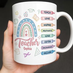 Teach Love Inspire Mug With Rainbow And Educational Icons - Personalized Custom Coffee Mug - TEACH064_MG