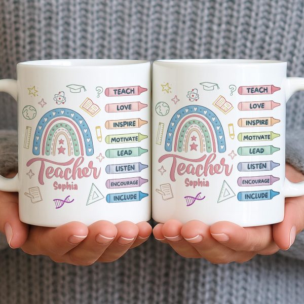 Teach Love Inspire Mug With Rainbow And Educational Icons - Personalized Custom Coffee Mug - TEACH064_MG