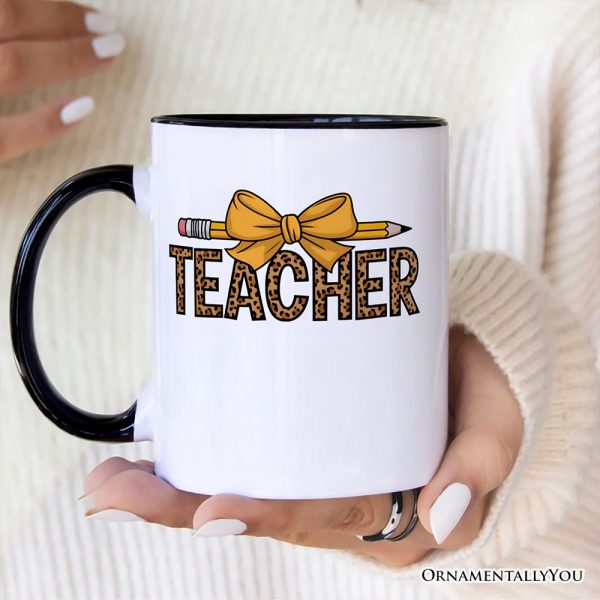 Teacher Leopard Pencil Personalized Mug, Coquette Bow Retro Classroom Gift with Custom Name