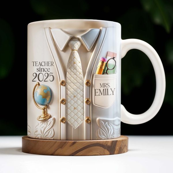 Teacher Since 2025 Featuring Tie, Globe, and Pocket - Personalized Custom Coffee Mug - GRAD269_MG
