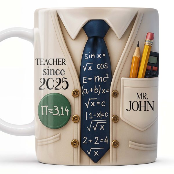 Teacher Since 2025, Pi=3.14 Necktie, Shirt, Pencil, Brush, Mathematical Equations - Personalized Custom Coffee Mug - TEACH001_MG