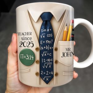 Teacher Since 2025, Pi=3.14 Necktie, Shirt, Pencil, Brush, Mathematical Equations - Personalized Custom Coffee Mug - TEACH001_MG