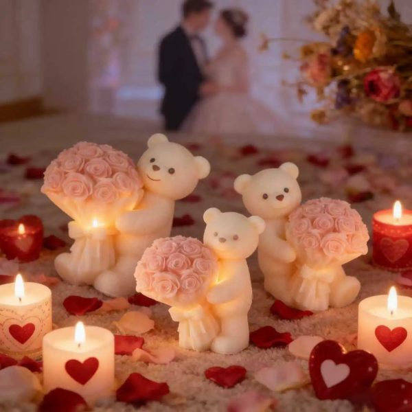 Teddy Bear Holding Rose Bouquet Silicone Mold – Romantic Candle and Resin Casting for Valentine’s Day