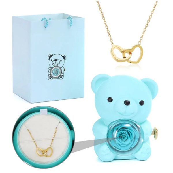 Teddy Bear Rose Jewelry Gift Box with Rotating Necklace Case