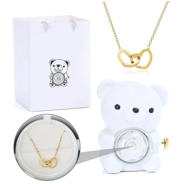 Teddy Bear Rose Jewelry Gift Box with Rotating Necklace Case