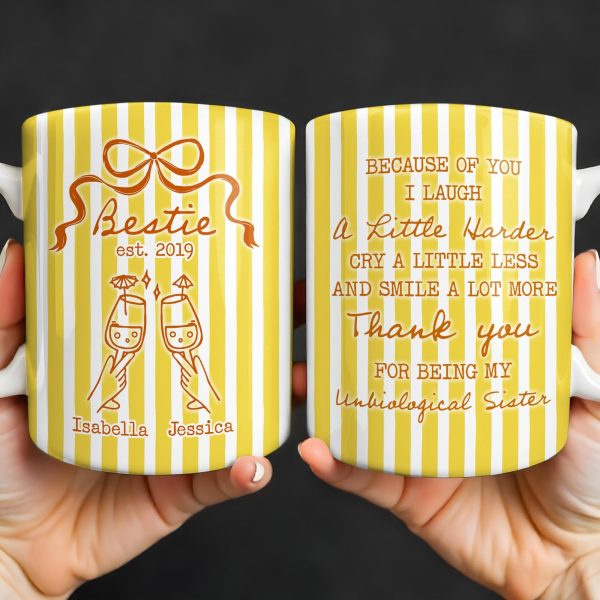Thank You For Being My Unbiological Sister With Stripes And Wine Glasses - Personalized Custom Coffee Mug - BST535_MG
