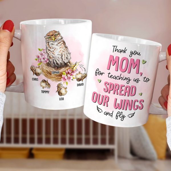 Thank You Mom For Teaching Us To Spread Our Wings - Funny Mom Bird Owl - Personalized Coffee Mug - Mother's Day Gift - Mother's Day Mug - Gift For Mom