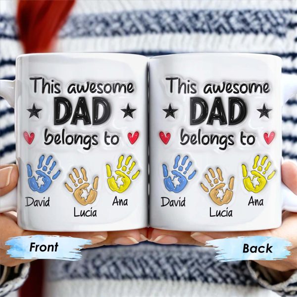 This Awesome Dad Belongs To, Hands, Heart and Star - Personalized Custom Coffee Mug - DAD047_MG