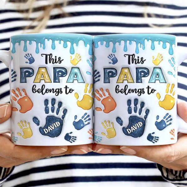 This Dad Grandpa Belongs To Handprints Icon - 3D Inflated Effect Printed, Personalized White Edge-to-Edge Mug