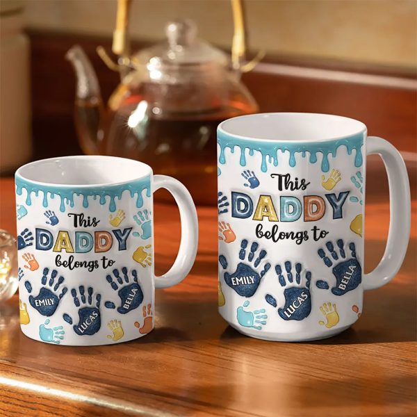 This Dad Grandpa Belongs To Handprints Icon - 3D Inflated Effect Printed, Personalized White Edge-to-Edge Mug