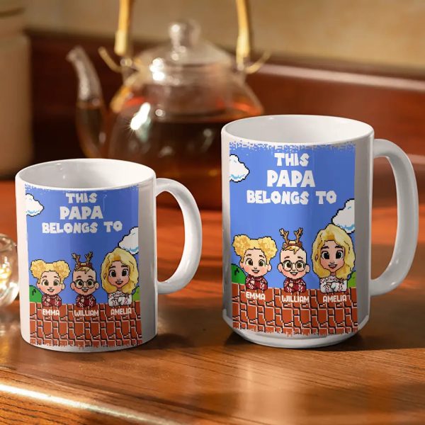 This Daddy Belongs To Kids Pixel Art - Personalized White Edge-to-Edge Mug