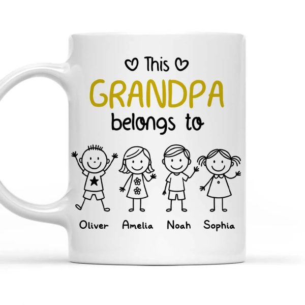 This Grandpa Belongs To Personalized White Ceramic Mug with Grandkids' Names, Cute Gift for Grandfather
