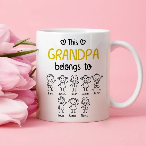 This Grandpa Belongs To Personalized White Ceramic Mug with Grandkids' Names, Cute Gift for Grandfather