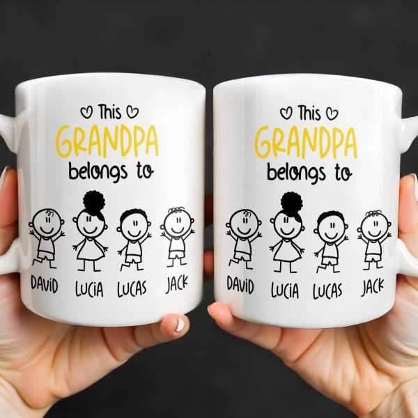 This Grandpa Belongs To Stick Figures Heart - Personalized Custom Coffee Mug - GRP045_MG