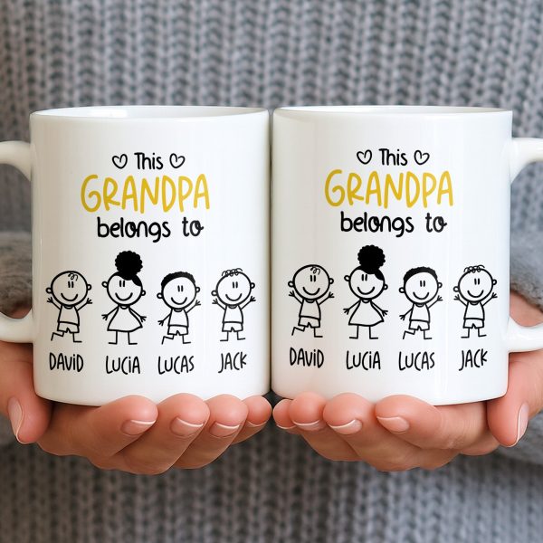 This Grandpa Belongs To Stick Figures Heart - Personalized Custom Coffee Mug - GRP045_MG