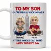 To My Son You're Really Kicking Ass At This Whole Dad Thing, Cartoon Characters and City Skyline - Personalized Custom Coffee Mug - SON049_MG