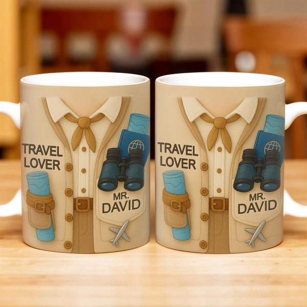 Travel Lover, Shirt, Tie, Binoculars, Map, Airplane - Personalized Custom Coffee Mug - FAM325_MG
