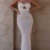 Twist Front Crochet Pointelle Strapless Split Beach Vacation Midi Dress - Apricot
