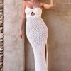 Twist Front Crochet Pointelle Strapless Split Beach Vacation Midi Dress - Apricot