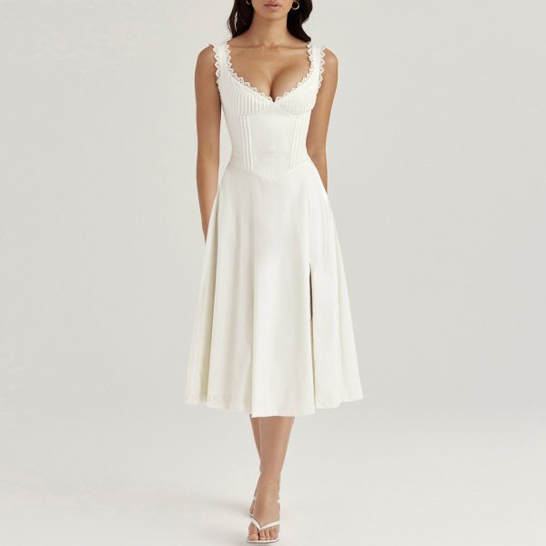 V-neck Doily Trim Frill Midi Dress