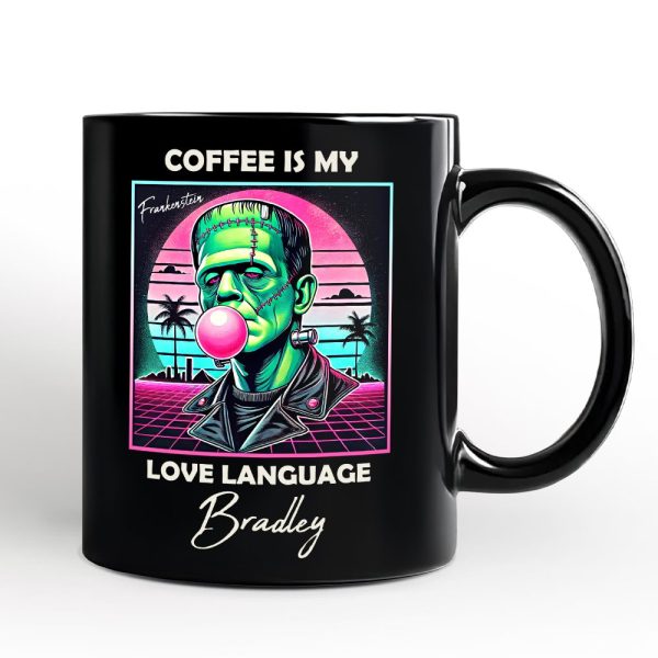 Vaperwave Frankenstein Retro Neon Horror Personalized Mug, Synthwave 80's Styled Classic Halloween Gift with Custom Name