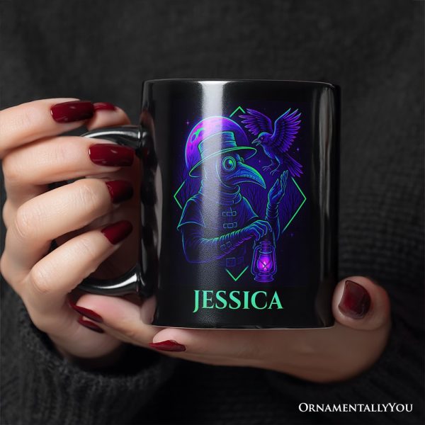 Vaporwave Plague Doctor Personalized Mug, Retro Neon Horror Vibes Halloween Gift with Custom Name