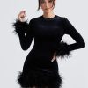 Velvet Long Sleeve Fur Trim Mini Dress