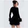 Velvet Long Sleeve Fur Trim Mini Dress