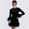 Velvet Long Sleeve Fur Trim Mini Dress