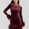 Velvet Long Sleeve Fur Trim Mini Dress