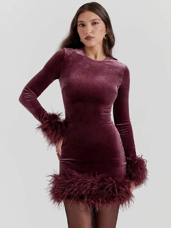 Velvet Long Sleeve Fur Trim Mini Dress