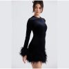 Velvet Long Sleeve Fur Trim Mini Dress