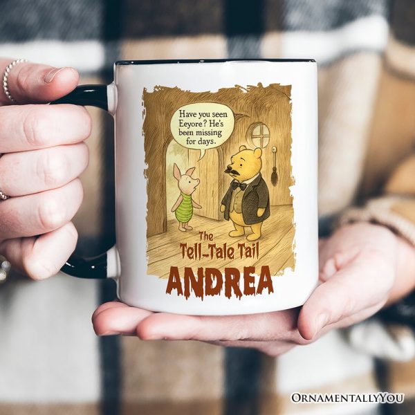 Vintage Edgar Allan Pooh The Tell-Tale Tail Personalized Mug, Missing Eeyore Halloween Gift with Custom Name