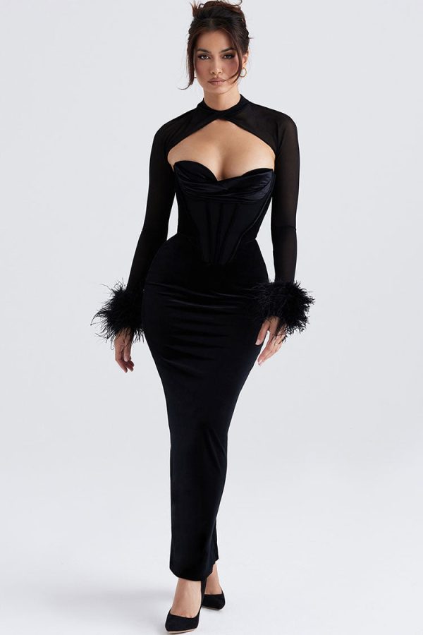 Vintage Feather Sleeve Strapless Corset Velvet Formal Maxi Dress - Black