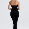 Vintage Feather Sleeve Strapless Corset Velvet Formal Maxi Dress - Black