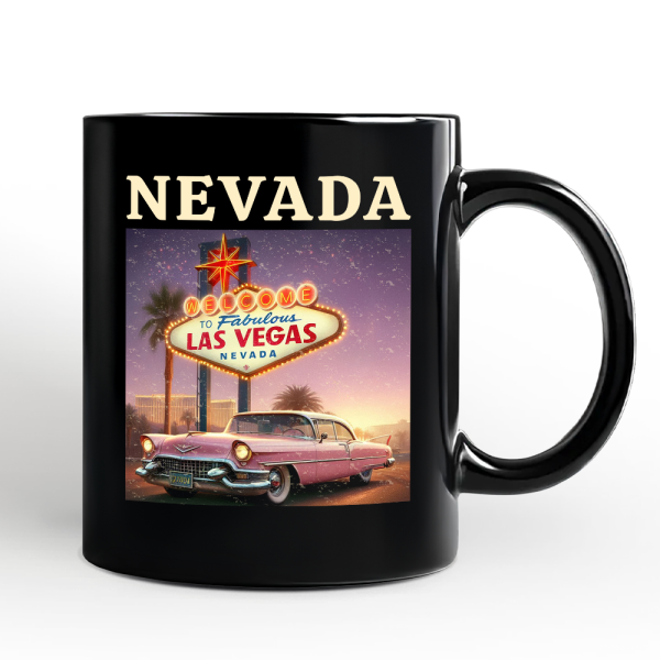 Vintage Nevada State Las Vegas Sign Personalized Mug, Retro Pink Cadillac Gift and Desert City Souvenir with Custom Name