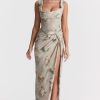 Vintage Printed Draped Corset Top Split Two Piece Maxi Dress - Floral