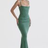 Vintage Square Neck Ruched Corset Fishtail Evening Maxi Dress - Green