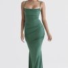 Vintage Square Neck Ruched Corset Fishtail Evening Maxi Dress - Green