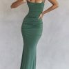Vintage Square Neck Ruched Corset Fishtail Evening Maxi Dress - Green