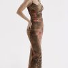 Vintage Sweetheart Ruched Trim Printed Mesh Slip Maxi Dress - Floral